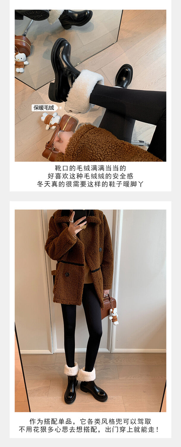 Karin Luna Classic Basic Style   Convertible Foldable Hidden Buckle Snow Fur Shoes Full cowhide Basic Flat Short Boots