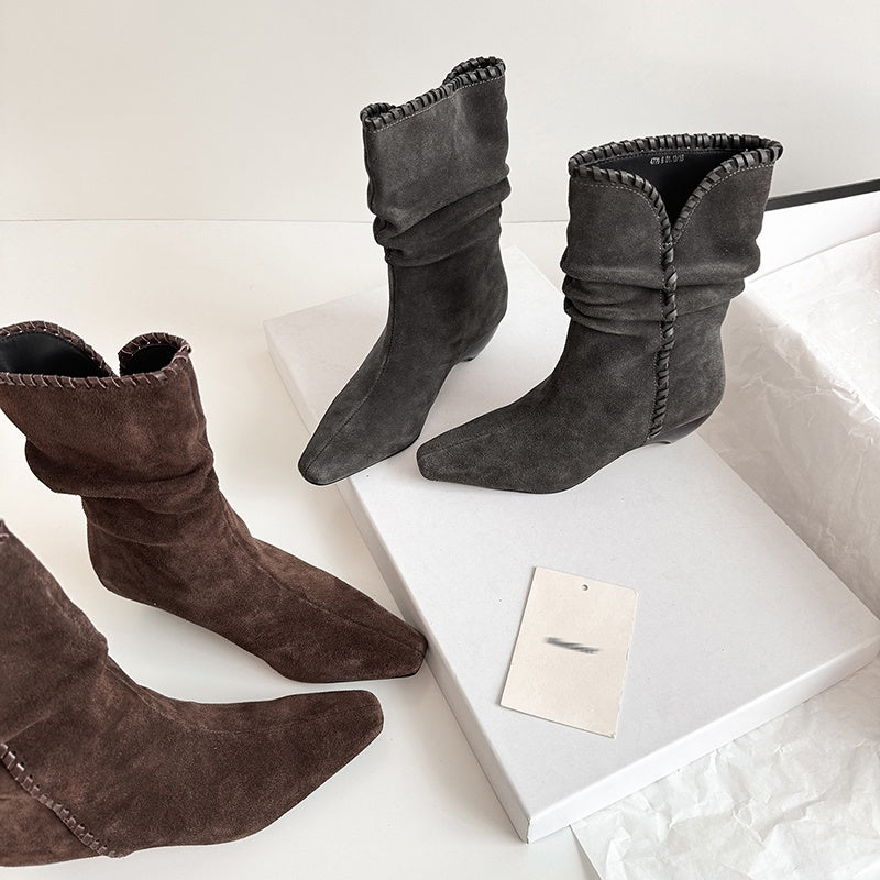 Karin Luna Elegant Style Small Square Toe Pleated Short Boots