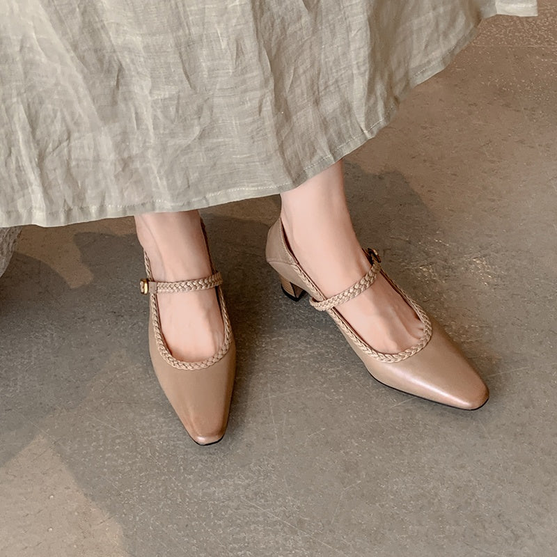 Karin Luna Braided Element Design Chunky Heel Square Toe Single Strap Shoes