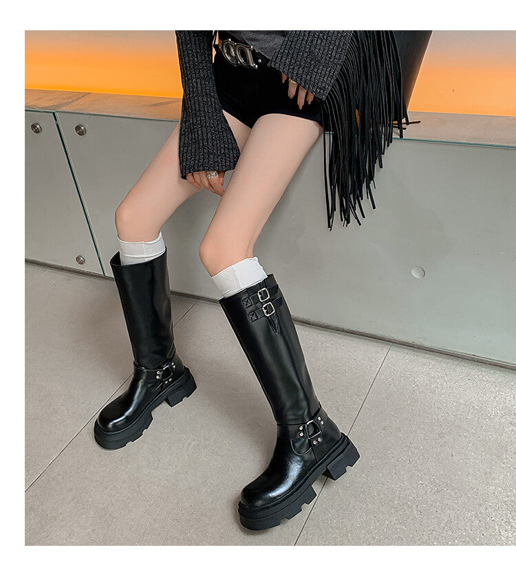 Karin Luna Full Cowhide  miumiu Popular Round Toe Thick Sole Beautiful and height-increasing