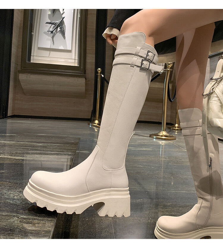 Karin Luna In Stock Best-selling in stock   Super Soft Sheepskin  Round Toe Thick Sole Vintage Belt Buckle Long Boots