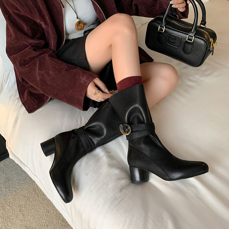Karin Luna In Stock Spot Goods  Belt Buckle High Heel Large Tube Small Short Boots