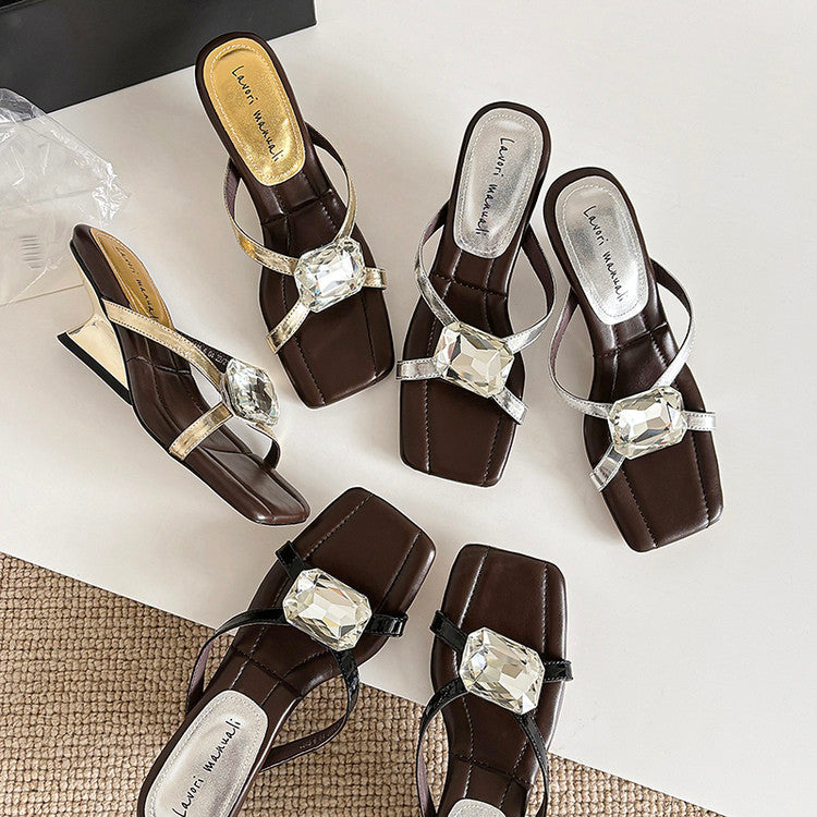 Karin Luna In Stock Spot Goods Rhinestone Square Toe Irregular Heel Slippers