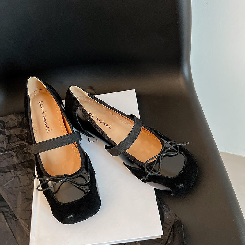 Karin Luna In Stock Spot Goods    Color Block Cowhide Leather Square Toe Slip-On Height Increasing Bowknot Flats