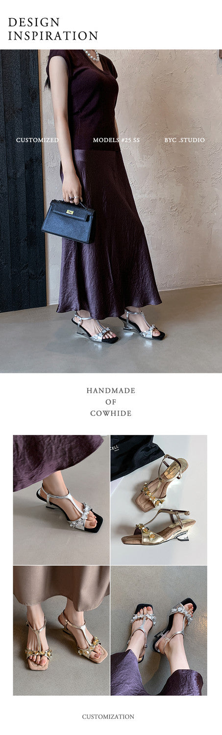 Karin Luna Hot-Selling Sequin Floral Series ~  Square Toe Irregular Heel Square Toe Sandals