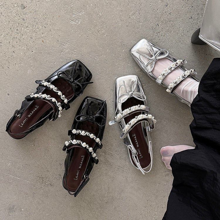 Karin Luna In Stock In Stock  Square Toe Bowknot Pearl Strap Closed-Toe Sandals