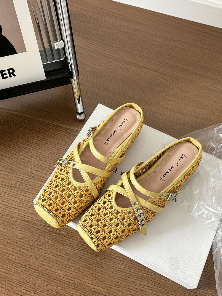 Karin Luna In Stock Spot Goods  Hot-Selling Square-Toe Woven Pig Nose Closed-Toe Slippers
