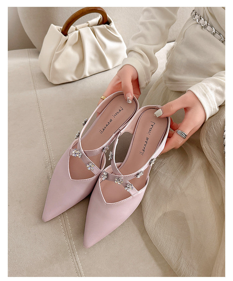 Karin Luna Elegant Pointed Toe Rhinestone Flower High Heel Mules