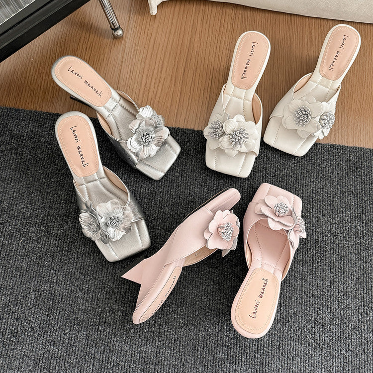 Karin Luna In Stock Spot Goods Camellia Classic style retro square toe shaped heel slippers