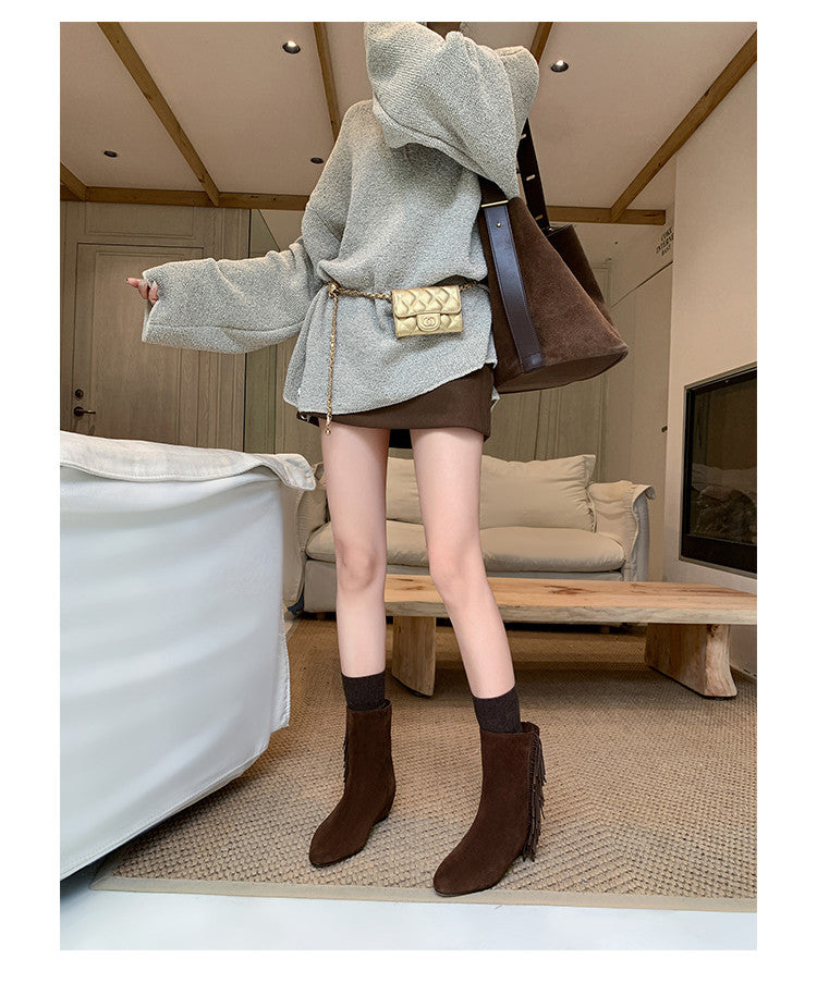 Karin Luna In Stock Spot Goods Tassel Square Toe Hidden Wedge Short Boots