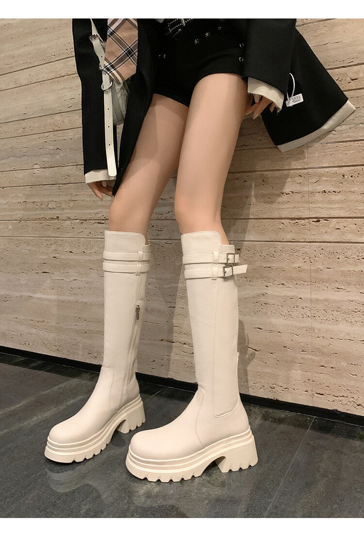 Karin Luna In Stock  Round Toe Thick Sole Casual Belt Buckle Long Boots