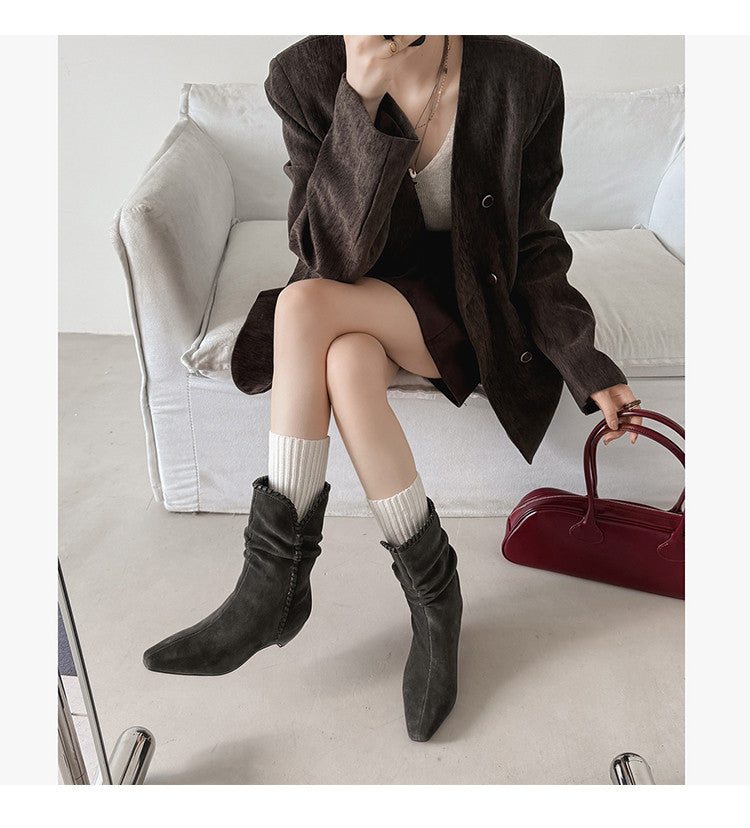 Karin Luna Small Square Toe Retro Ruched Pile Short Boots