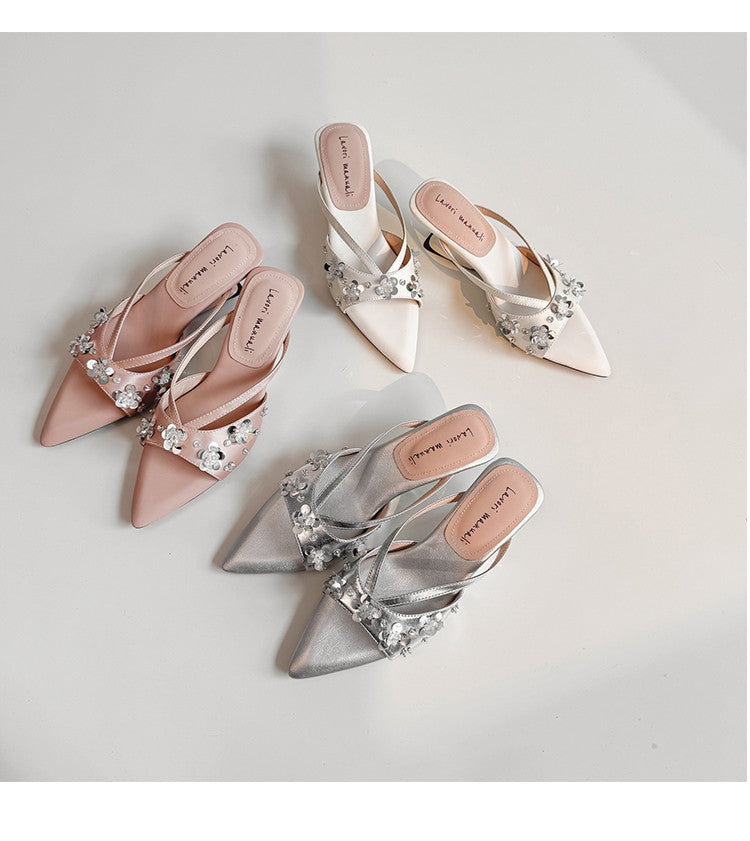 Karin Luna Bestseller Sequin Elements Elegant Pointed Toe Irregular Heel Slippers