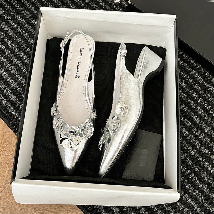 Karin Luna In Stock In Stock  Sequin Floral Pointed Toe Chunky Heel Closed-Toe Sandals