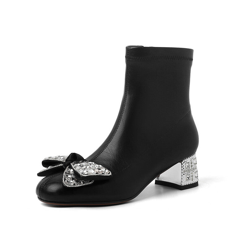 Karin Luna In Stock   Rhinestone Bow Thick Heel Slim Boots