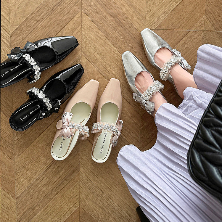 Karin Luna Handmade One-Strap Rhinestone Ribbon Square-Toe Mules