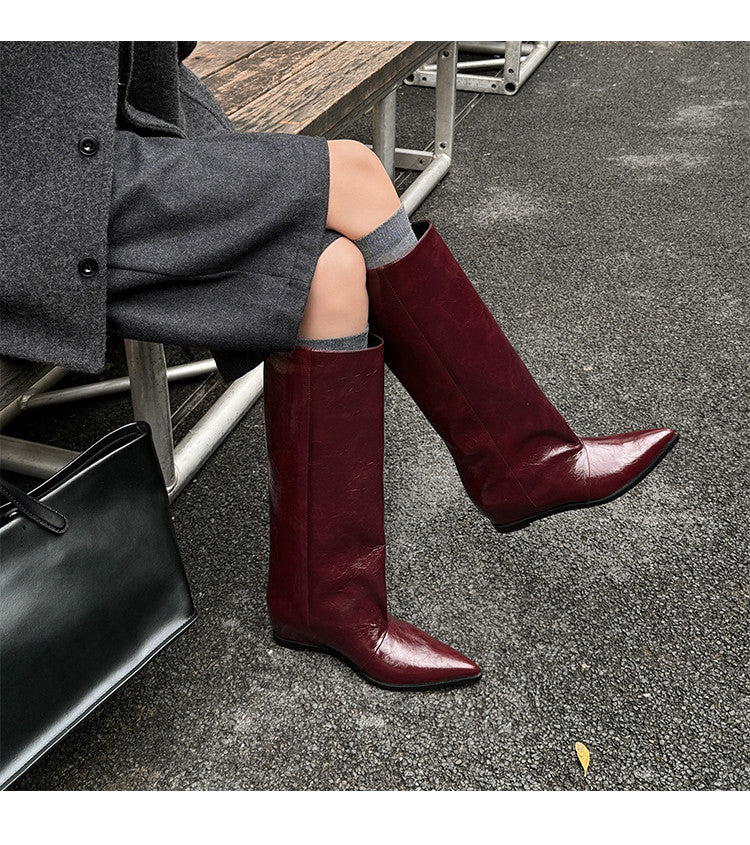 Karin Luna Elegant Style Pointed Toe Internal Height Increase Slip-On Long Boots