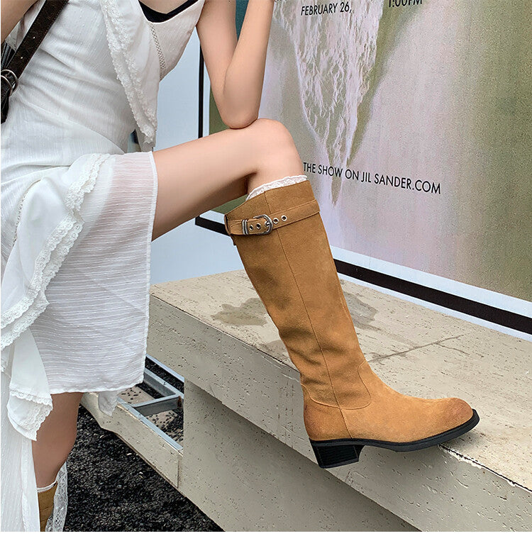 Karin Luna Chunky Heels Round Head Belt Buckle  Fashionable Suede Boots