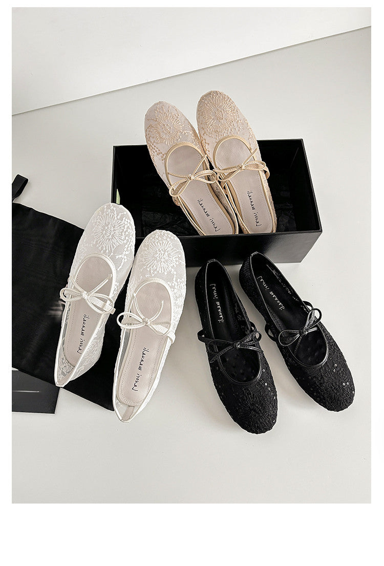 Karin Luna In Stock Spot Goods  Summer Breathable Retro Embroidered Bow Granny Shoes