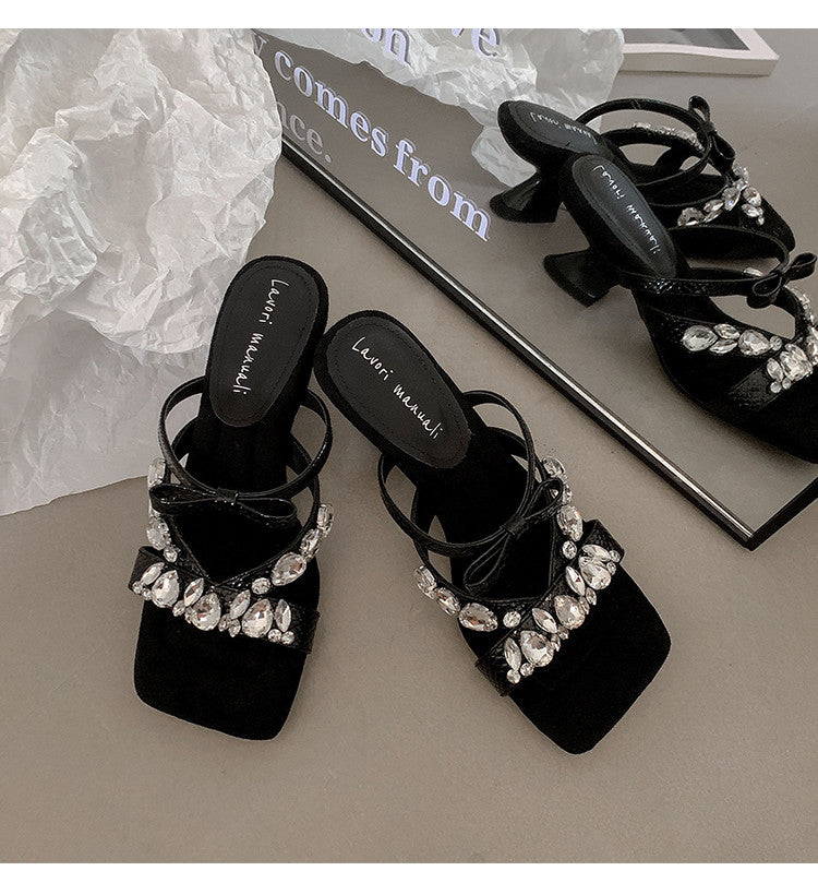 Karin Luna In Stock In Stock  Square Toe Rhinestone Bow Suede Slippers