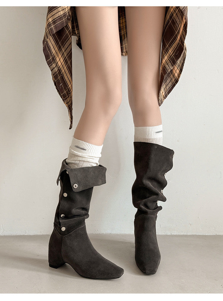 Karin Luna Bestseller Hot-Selling Hidden Buckle Lazy Style Square-Toe Height-Increasing Suede Western Boots