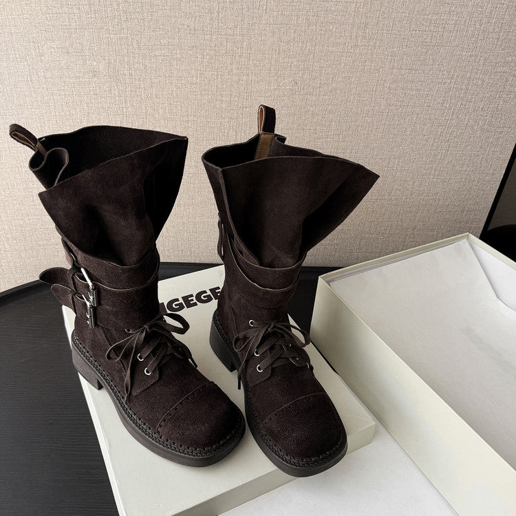 Karin Luna Bestseller Hot-Selling Large Tube Leather Belt Buckle Round Toe Thick-Soled Short Boots
