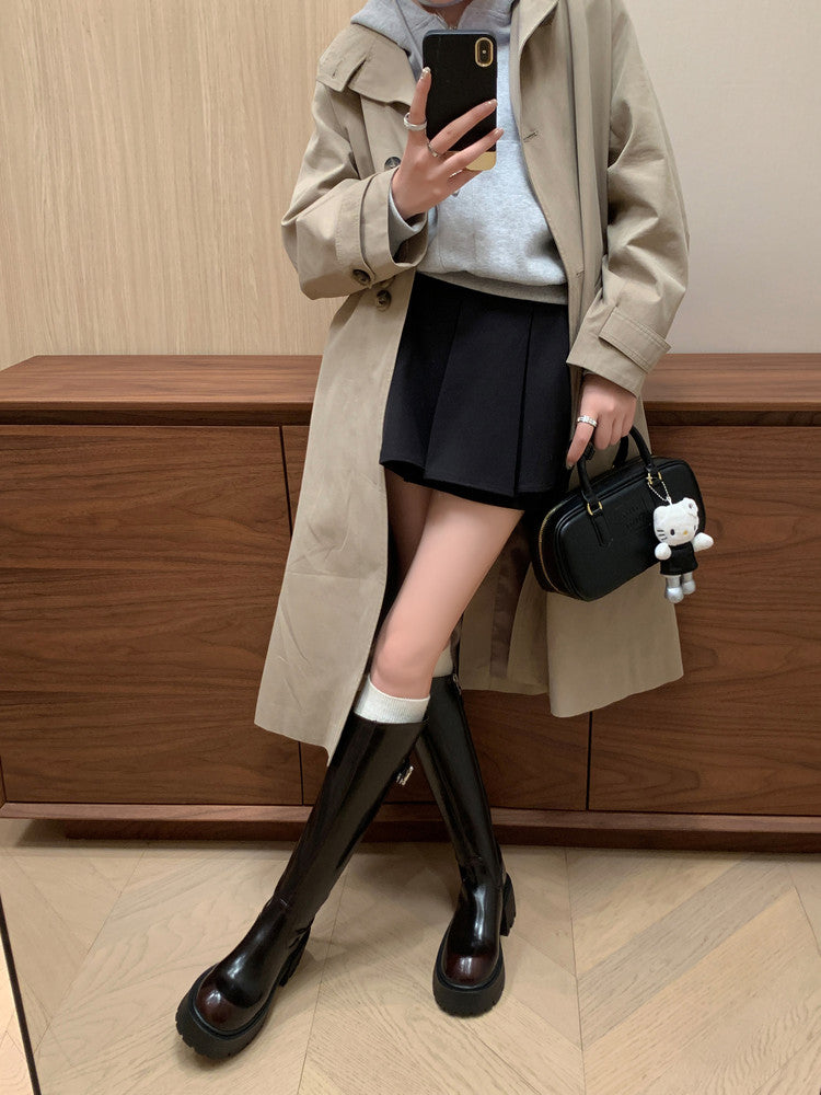 Karin Luna In Stock In Stock  Round Toe Thick Sole Belt Buckle Side Zipper Knight Boots