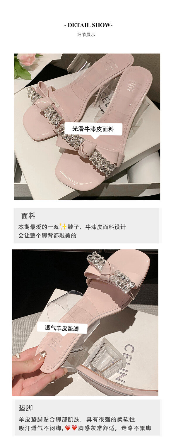 Karin Luna In Stock Summer New It's clearly a model with high traffic Rhinestone Flower Bow Crystal Heel Slippers