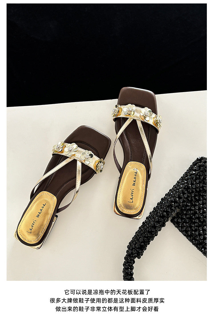 Karin Luna In Stock Spot Goods  One-Strap Sequin Floral Square-Toe Flat Slippers