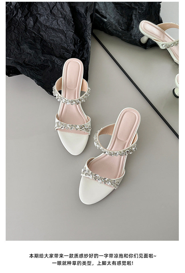 Karin Luna Exquisite Round Toe One-Strap Rhinestone Thin Heel Slippers