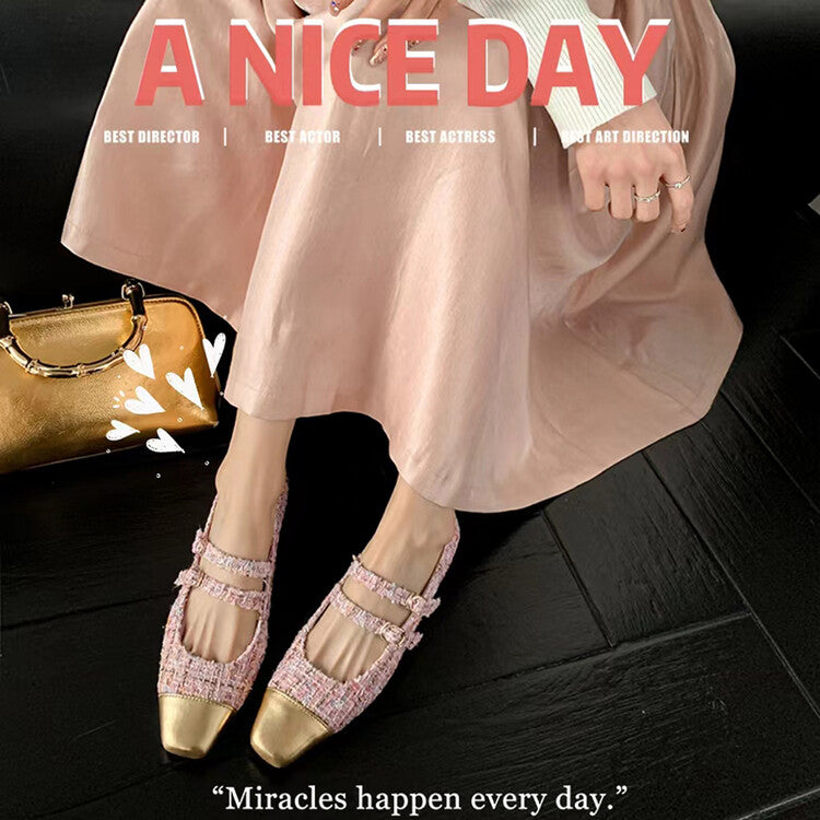Karin Luna Classic Chanel Style~ Tweed Spring Limit Square Toe Chunky Heel Mary Jane Strap Single Shoes