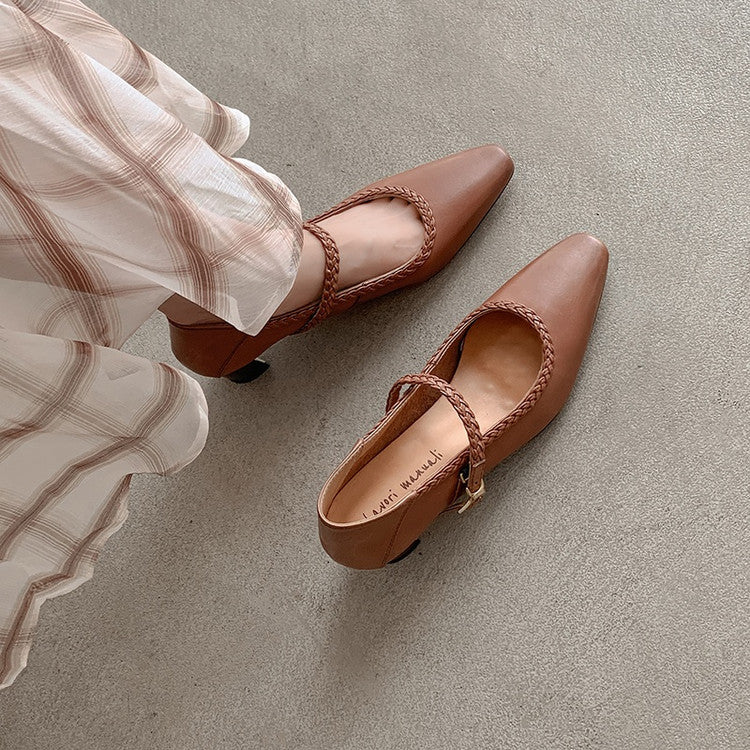 Karin Luna Braided Element Design Chunky Heel Square Toe Single Strap Shoes