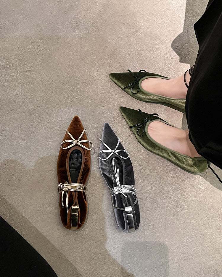 Karin Luna In Stock In Stock Retro Velvet Pointed Toe Bowknot Single Shoes
