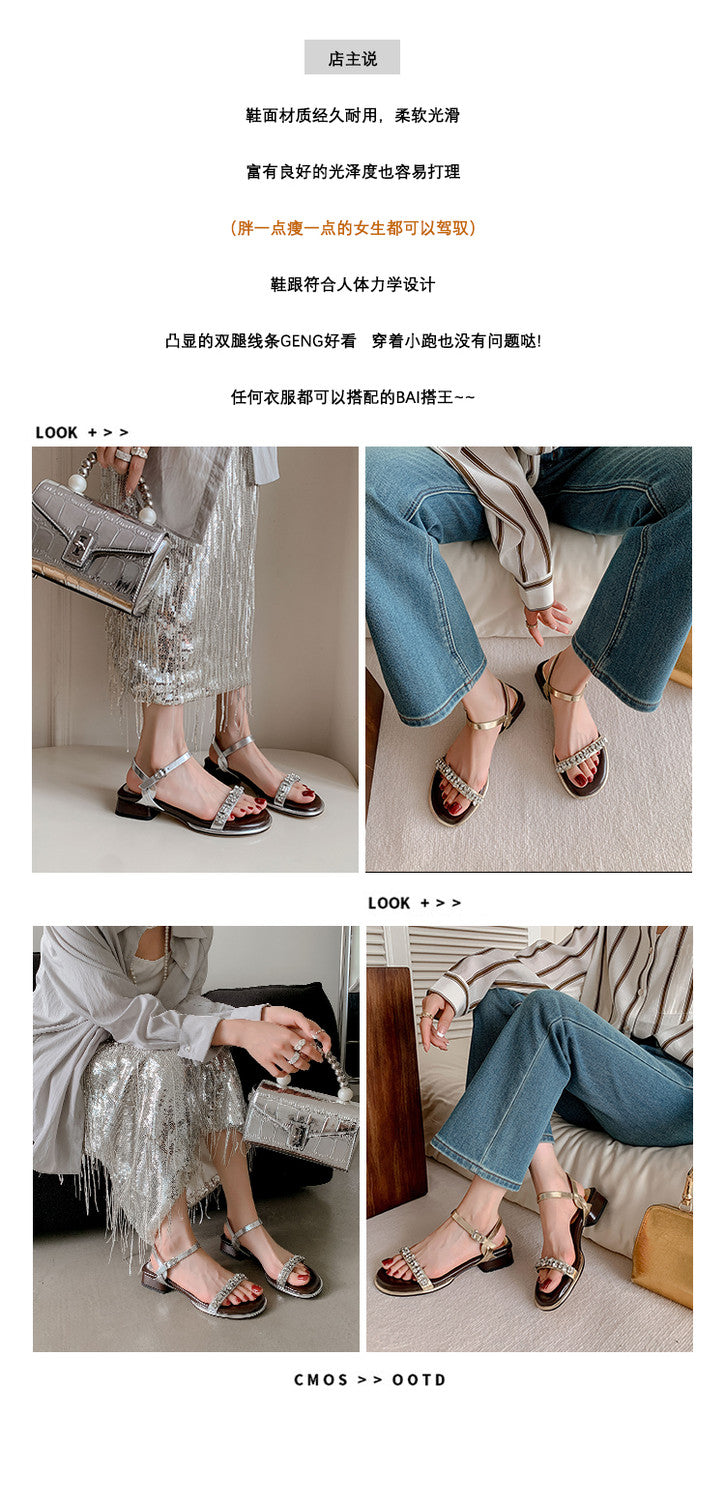 Karin Luna In Stock In Stock  Rhinestone Strap Round Toe Chunky Heel Sandals