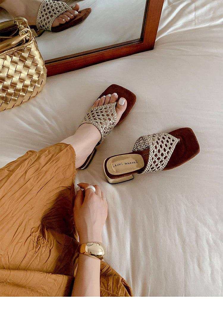 Karin Luna Hot-Selling Braided Style  In stock Toe-strap Woven Sofa Insole Slippers