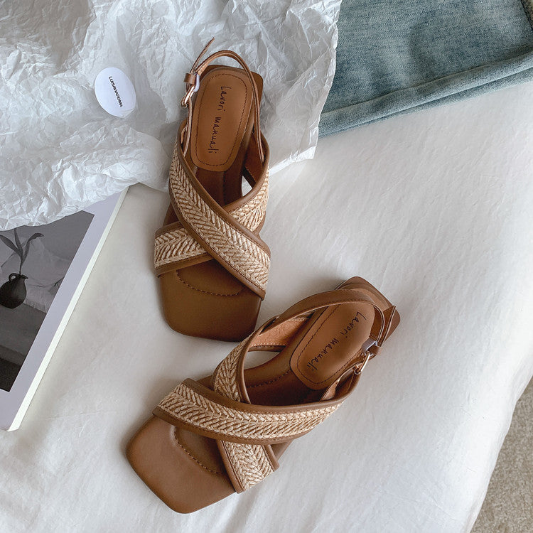 Karin Luna In Stock  Spot Goods Woven Style  Cross-strap Vacation Style Flat Sandals