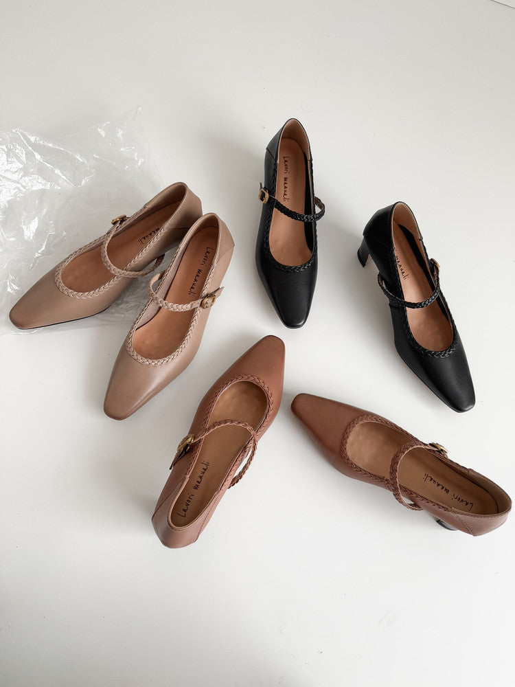 Karin Luna Braided Element Design Chunky Heel Square Toe Single Strap Shoes
