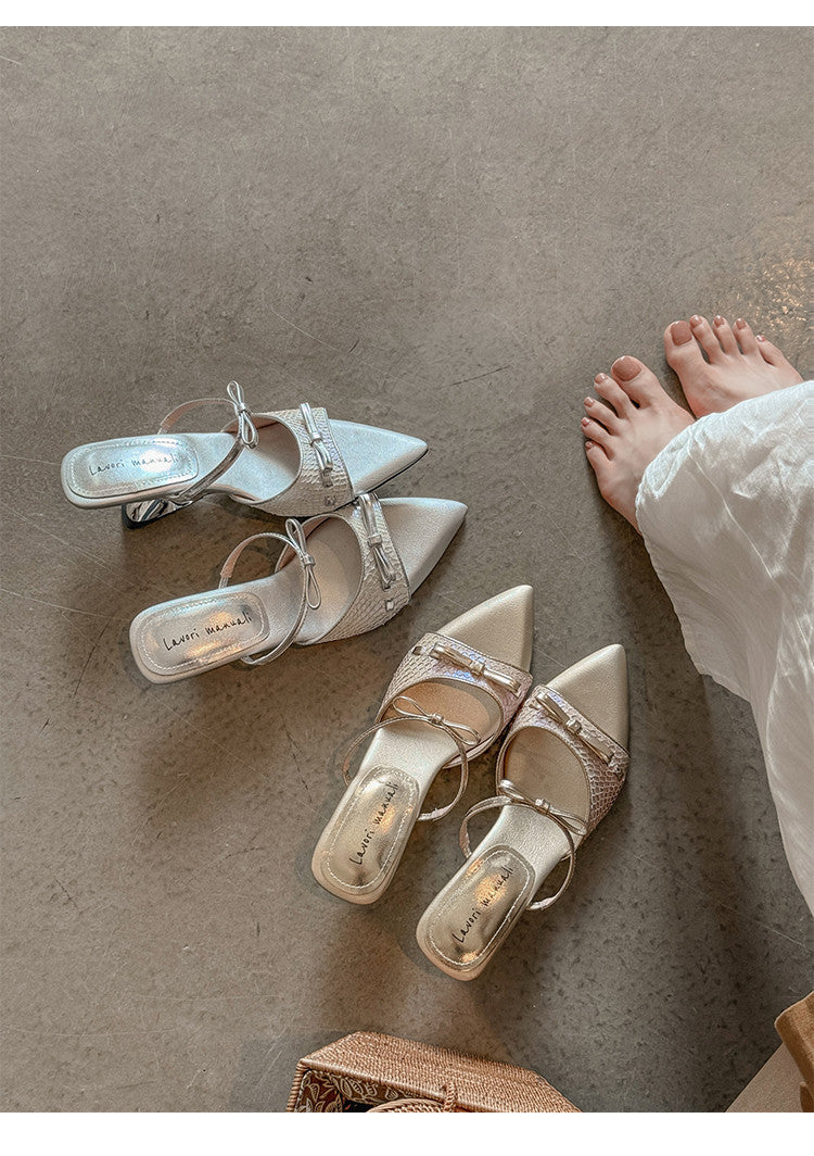 Karin Luna Fish Skin Series~Pointed Toe Irregular Heel Bowknot Strap Slippers