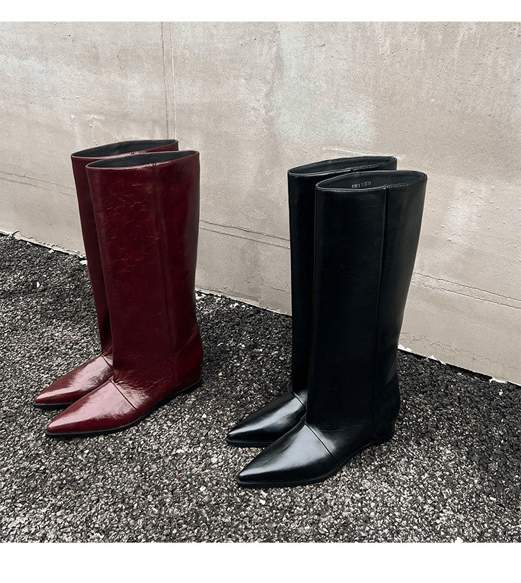 Karin Luna Elegant Style Pointed Toe Internal Height Increase Slip-On Long Boots