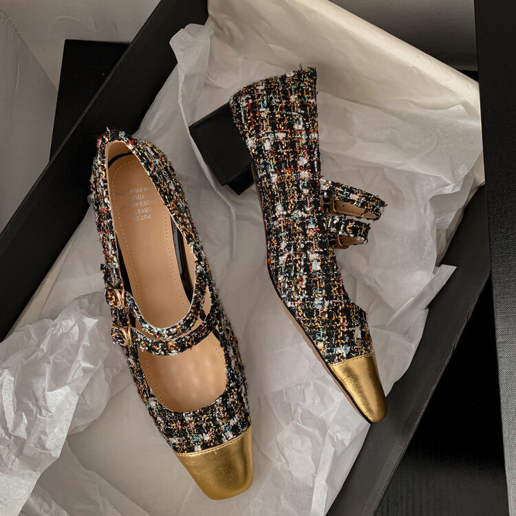 Karin Luna Classic Chanel Style~ Tweed Spring Limit Square Toe Chunky Heel Mary Jane Strap Single Shoes