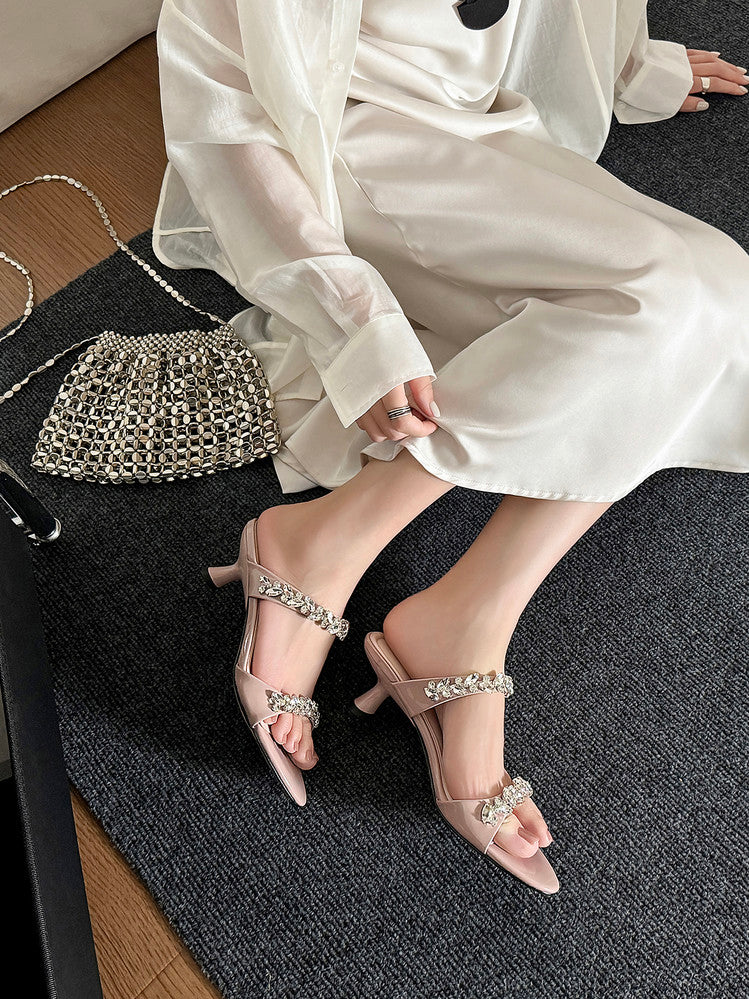 Karin Luna Exquisite Round Toe One-Strap Rhinestone Thin Heel Slippers