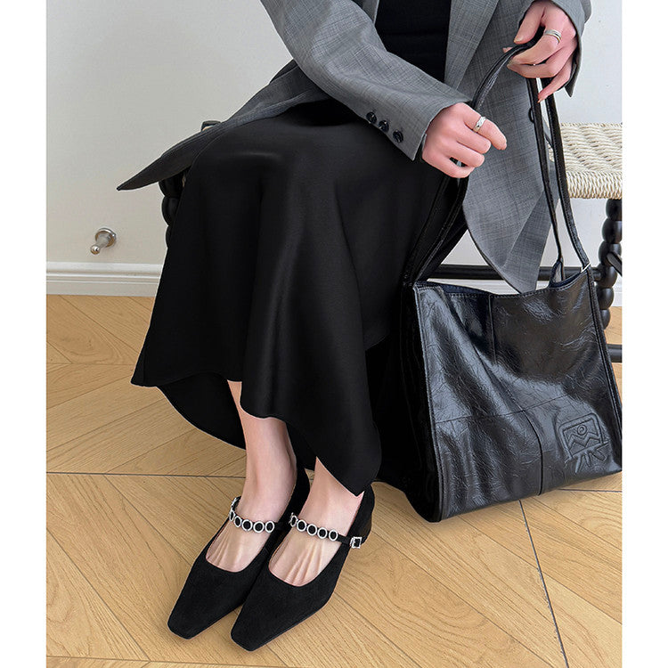 Karin Luna In Stock Spot Goods  Vintage Full Leather Square Toe Rhinestone Strap Shallow Mouth Single Shoes