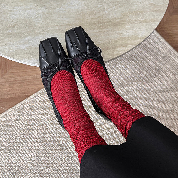 Karin Luna In Stock In Stock  Wrinkled Square Toe Patchwork Breathable Mesh Bow Granny Shoes