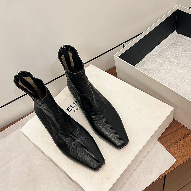 Karin Luna In Stock Spot Goods Slim Series  Hidden Wedge Small Square Toe Back Zipper Short Boots