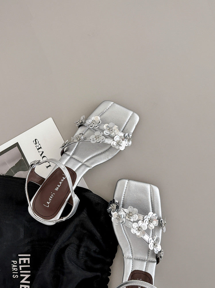 Karin Luna In Stock Spot Goods All the Best Square-Toed Sequin Flower Sandals
