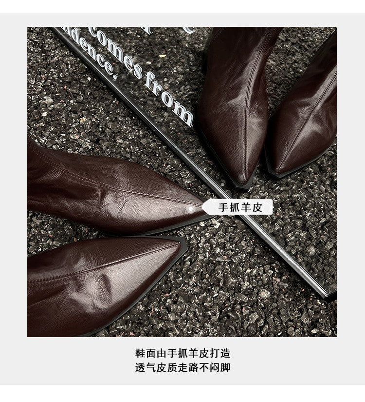 Karin Luna In Stock Spot Goods Elegant Stretch Fabric Patchwork Pointed Toe Chunky Heel Short Boots