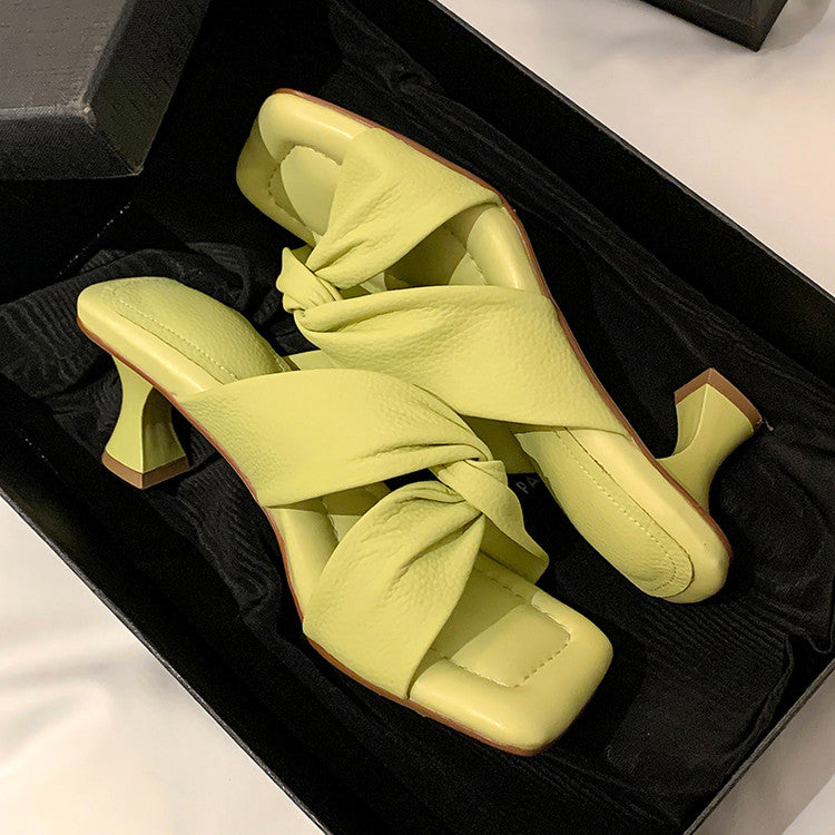 Karin Luna In Stock In Stock  Comfortable Cross Strap  Airy High Heel Square Toe Slippers
