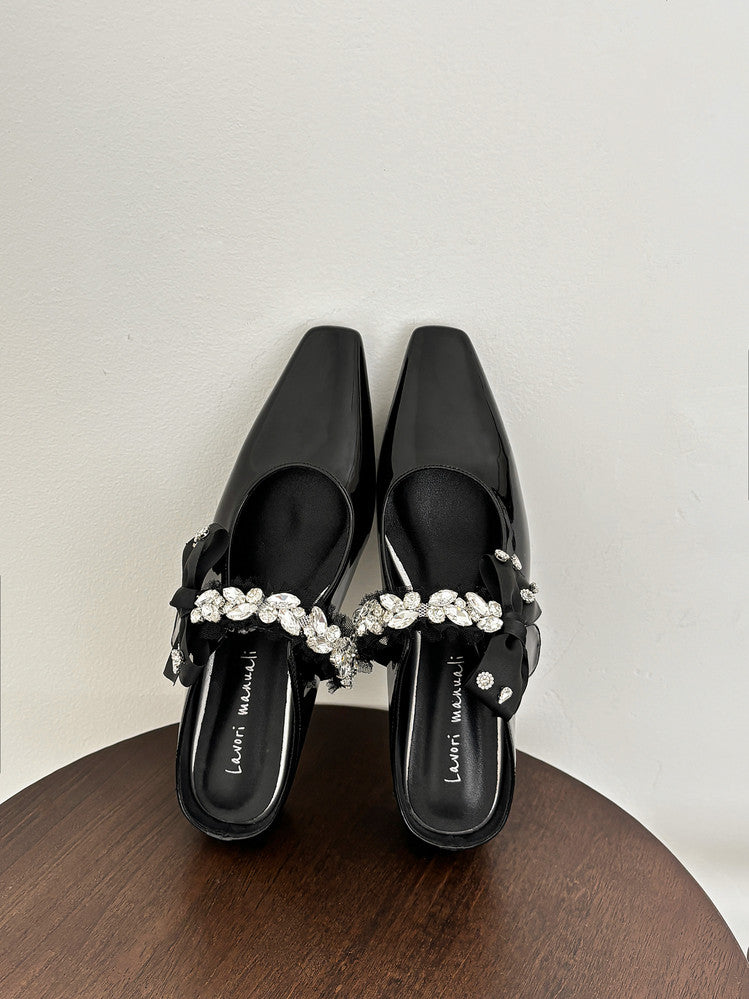 Karin Luna Handmade One-Strap Rhinestone Ribbon Square-Toe Mules
