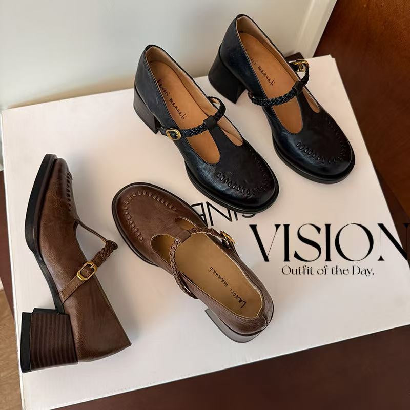 Karin Luna In Stock Spot Goods Vintage Braided Twist High Heels T Round Toe Thick Sole Single Shoes