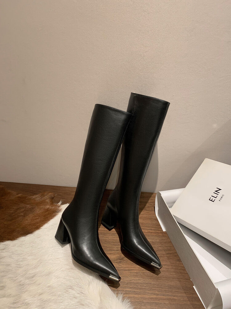 Karin Luna In Stock  In Stock Elegant Metal Pointed Toe Chunky Heel Full Cowhide Leather Riding Boots